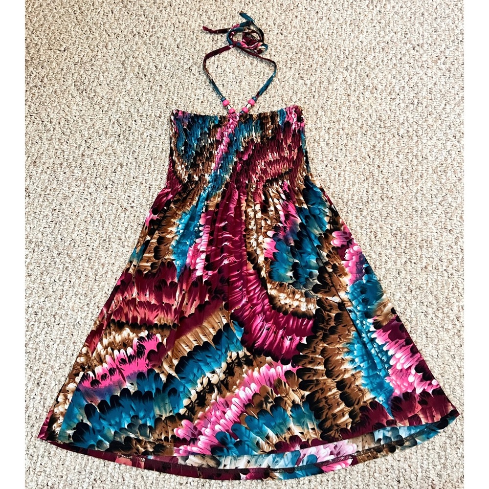 Strapless Halter maxi midi dress, beads, multi colored, ribbed stretchy